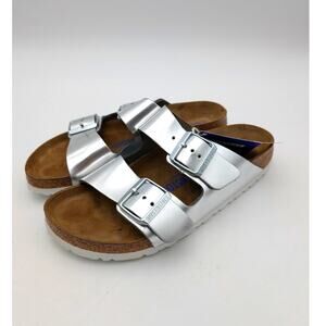 Birkenstock Arizona Soft Footbed Leather Sandals Unisex Silver Size USW7/M5 EU38
